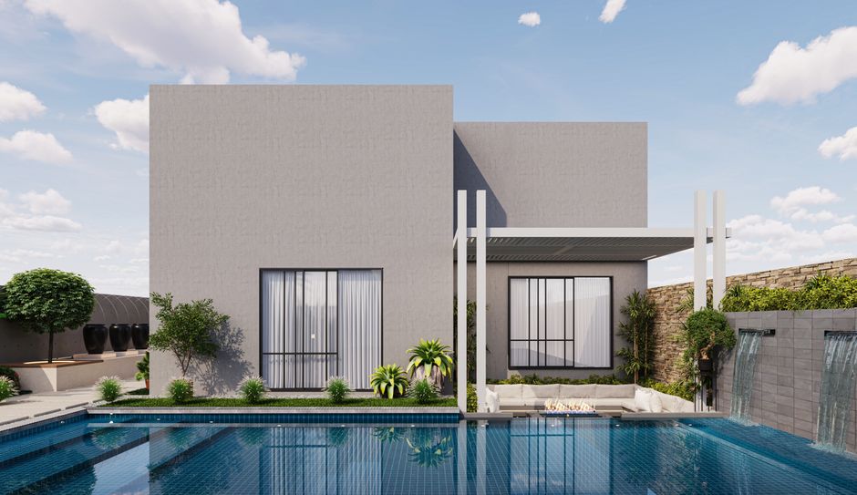 Modern lyxvilla med pool och minimalistisk arkitektur i Stockholmsregionen