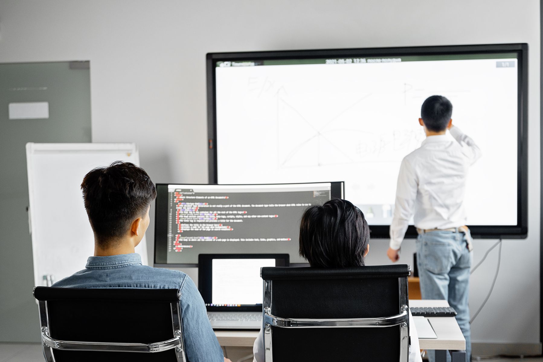 Team presenterar SaaS-produktdata och tillväxtmått i mötesrum