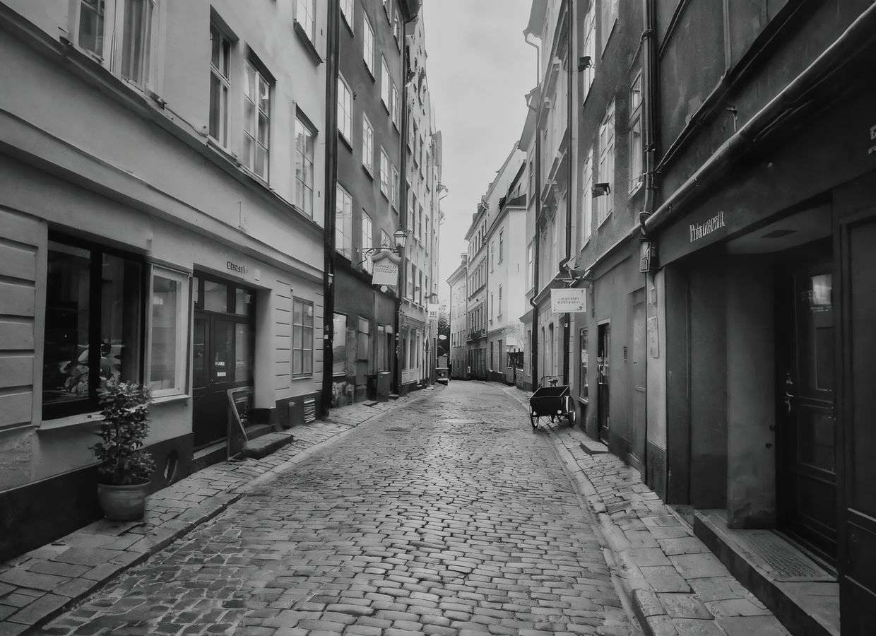 Historisk gata i Gamla Stan i svartvitt med kullersten och gamla stenhus