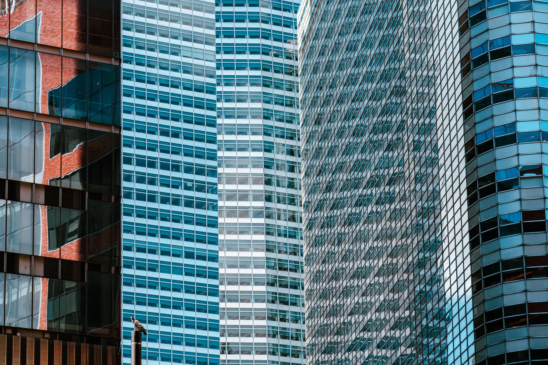 Glasfasader på moderna kontorsbyggnader, typiska för Norrmalms finansdistrikt i Stockholm